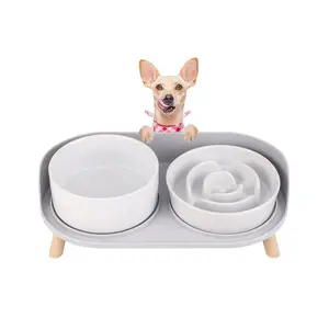 Elevated Slow Feeder Dog Bowls - Ceramic Food and Water Bowl Set with Stand - Raised Pet Feeding Dishes for Small and Medium Sized Dogs