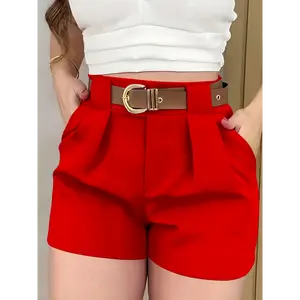 [Everyday Comfort] Women's Elegant White Casual Shorts - High-Waisted, Pleated Design, Polyester, No Stretch, with Pockets, Ideal for Spring/Summer/Fall, High Waisted Shorts