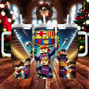1pc Barcelona Football Club Minecraft-style 40oz stainless steel double-layer vacuum insulated Tumbler cup, suitable for both hot and cold water, leak-proof, with a handle, can be placed on a cup holder, suitable for camping and traveling.