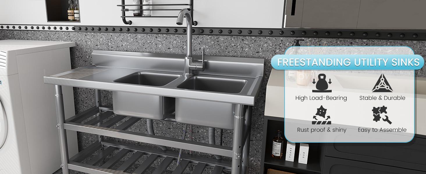 Stainless Steel Utility Sink, Freestanding Outdoor Sink Station with Hose Hookup, Small Tub for Garage, Laundry, Kitchen, Farmhouse
