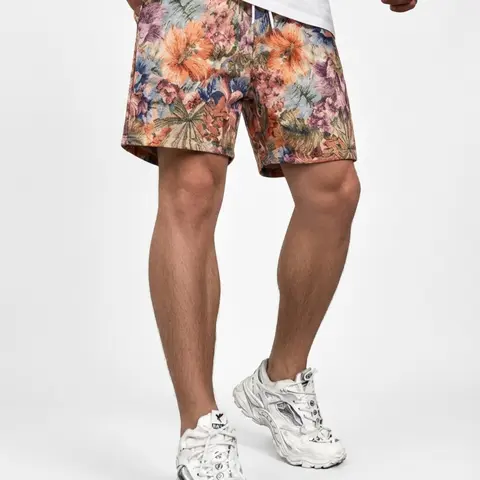 Men's Floral Tropical Print Drawstring Elastic Waist Shorts, Regular Fit Bohemian Casual Pocket Shorts for Summer, Men's Bottoms for Beach Vacation, Breathable Summer Shorts, Boho Shorts, Fashionable Summer Shorts