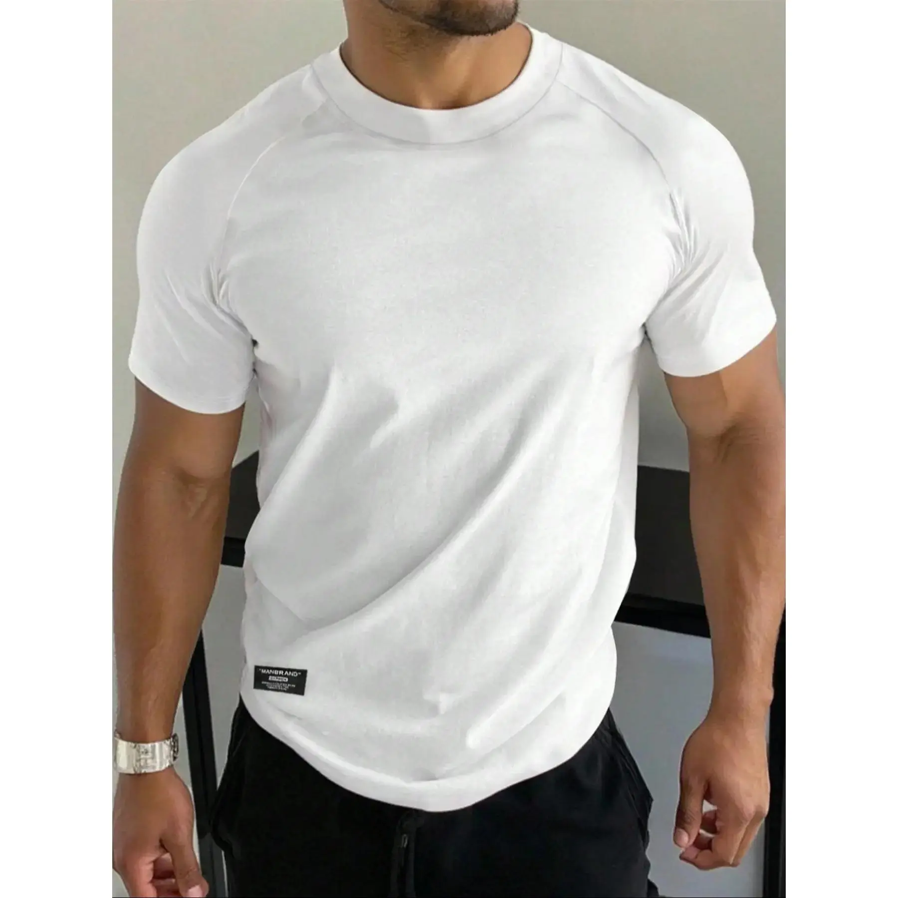 Men's Solid Color Crew Neck Shoulder-Sleeve Dri Fit Shirt, Ultra-Soft Stretch Fabric, Sporty Sports Top for Running & Workouts, Oversized Design, Dri Fit Shirts, Sporty Sports Tops