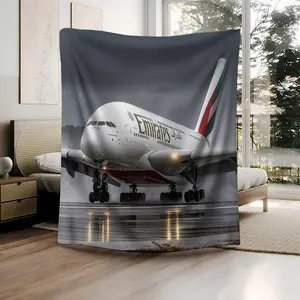 1Pc Emirates A380 Landing in the Rain Pattern Digitally Printed Flannel - 100% Polyester Flannel Digitally Printed Nonwoven Lightweight and comfortable in all seasons Soft Cozy Blanket