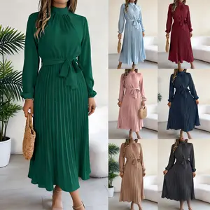 Women's Solid Belted Pleated A-Line Dress Elegant Bishop Sleeve Mock Neck for Fall Winter Daily Wear Casual Everyday