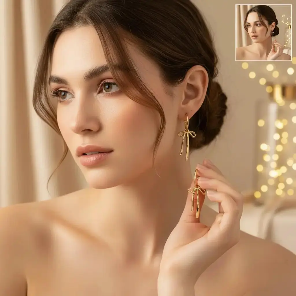 Dainty Coquette Bow Jewelry, Gold Tone Bling Aesthetic Accessories for Women, Lightweight for Everyday Wear, Jewelry For Women, Bow Embellished Earrings