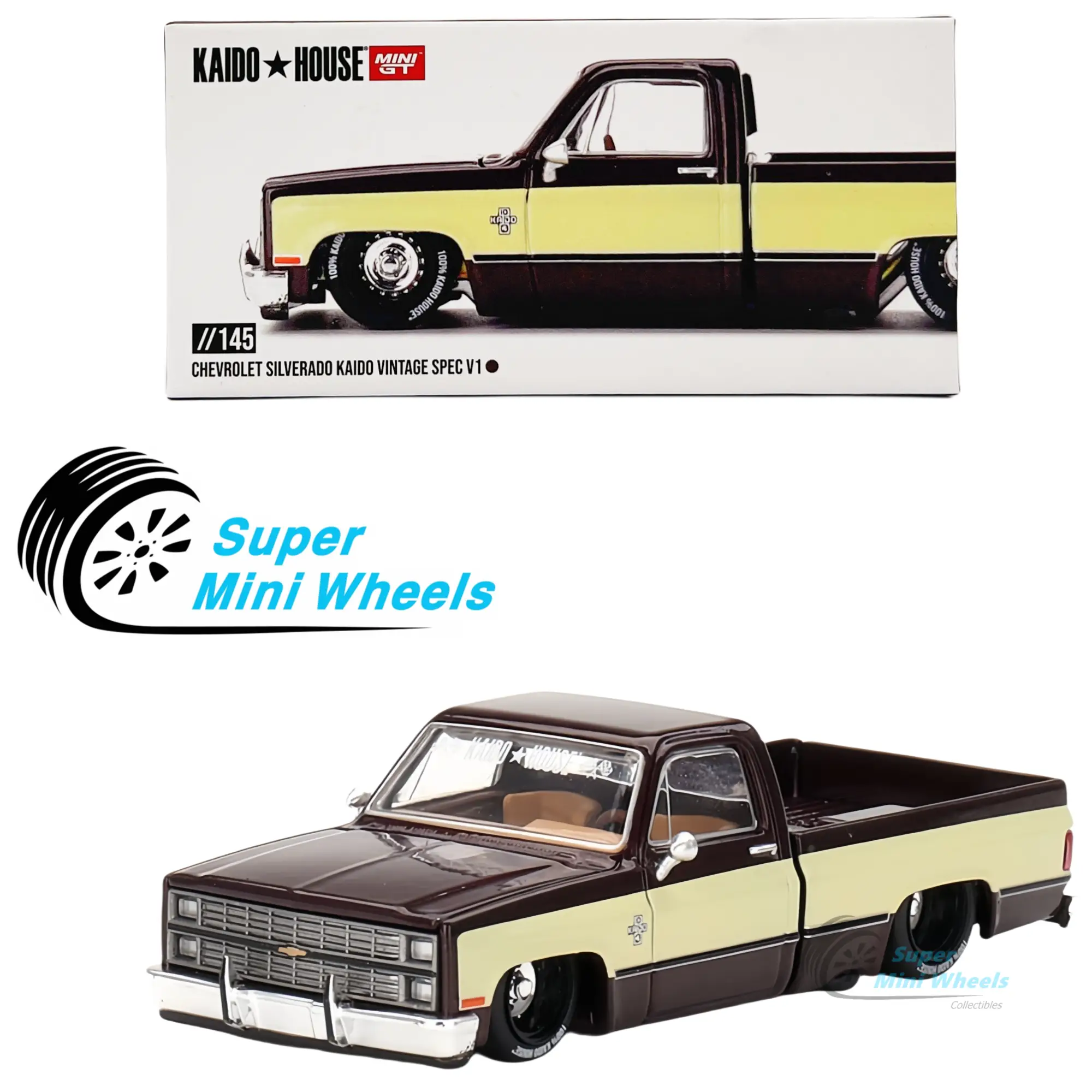 Kaido House x Mini GT 1:64 Chevrolet Silverado KAIDO Vintage Spec V1 Brown Low Rider Pickup Truck KHMG145