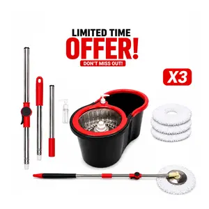 Spin Mop and Bucket System with Wringer Set, Stainless Steel Basket & Adjustable Handle, Easy Wringing Floor Cleaning Mop Bucket with Soap Dispenser and 3 Extra Microfiber Heads for All Floor Types