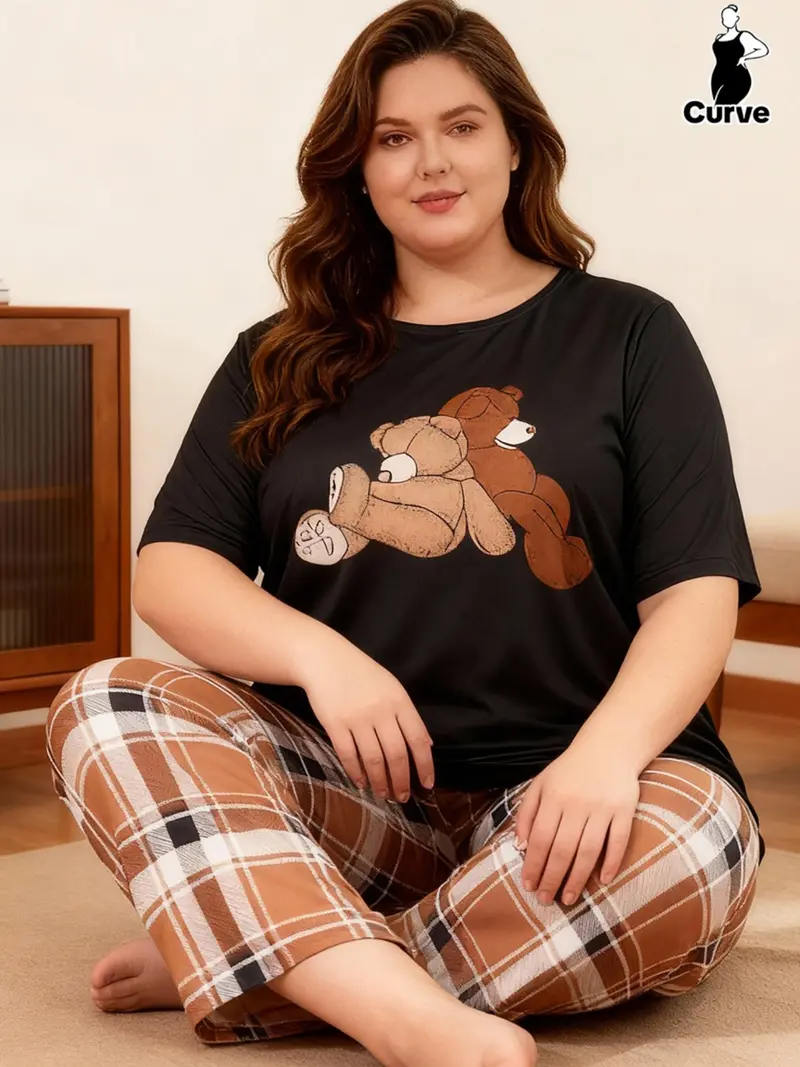 Women's Casual Loose Fit Short Sleeve Tee & Plaid Long Pants Set, Cute Cartoon Bear Print Sleepwear, Plaid Print Pajama, Comfortable Home Wear