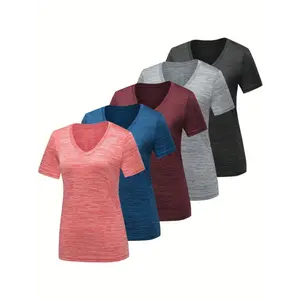 5pcs Women's Athletic Workout T-Shirts, Quick-Dry Moisture-Wicking 100% Polyester V-Neck Gym Performance Tees with Stripe Pattern for Spring/Summer/Fall - Lightweight, Breathable & Machine Washable in Assorted Colors (Pink, Gray, Navy Blue,