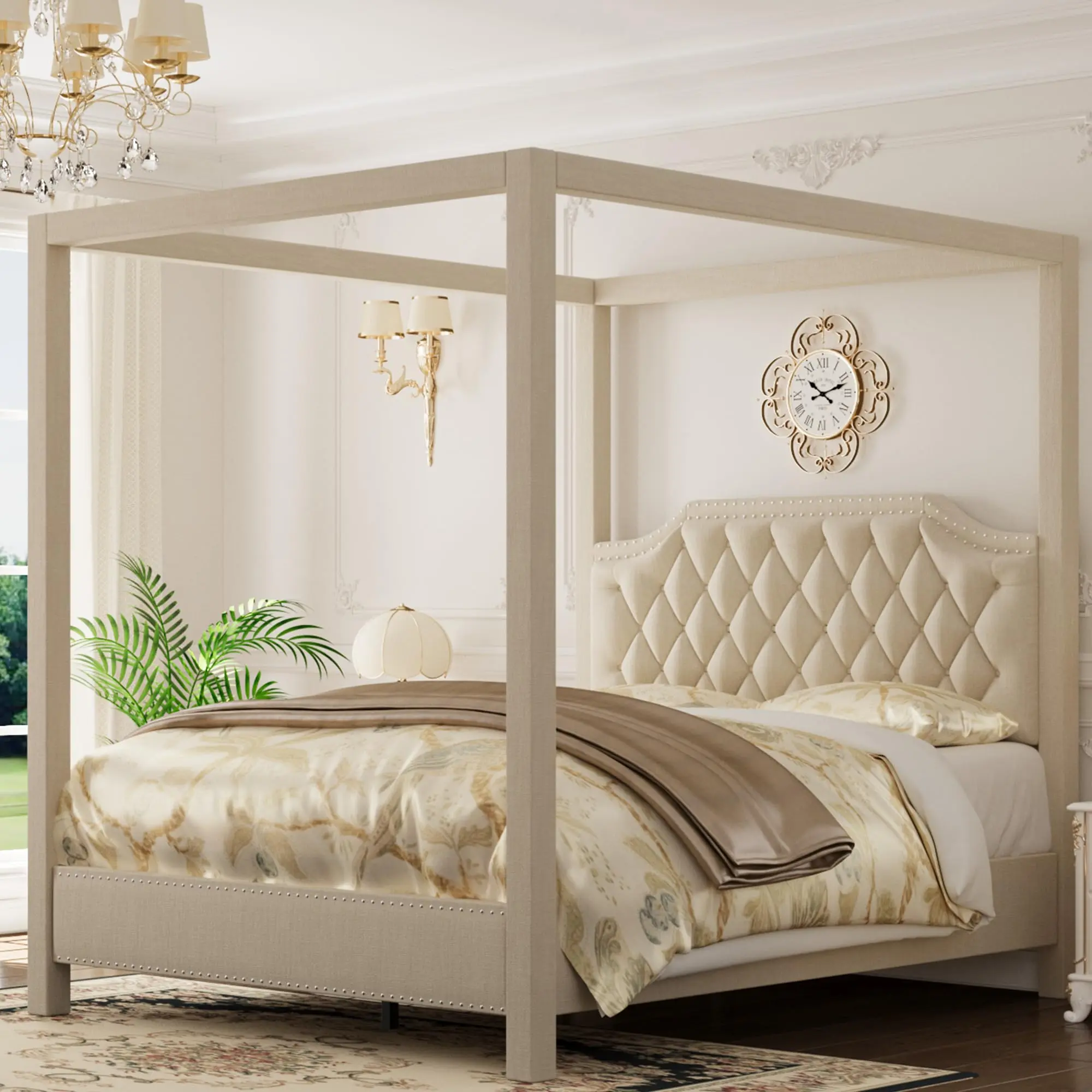 Upholstery Canopy Bed Frame - Queen & Full Size, Grey Soft Velvet, Curved Button-Tufted Headboard, Nailhead Trim, MDF-Iron Construction, 85.1"d x 65.3"w x 79.9"h, 64.9 lbs, No Box Spring Needed, Assembly Required,familyfun