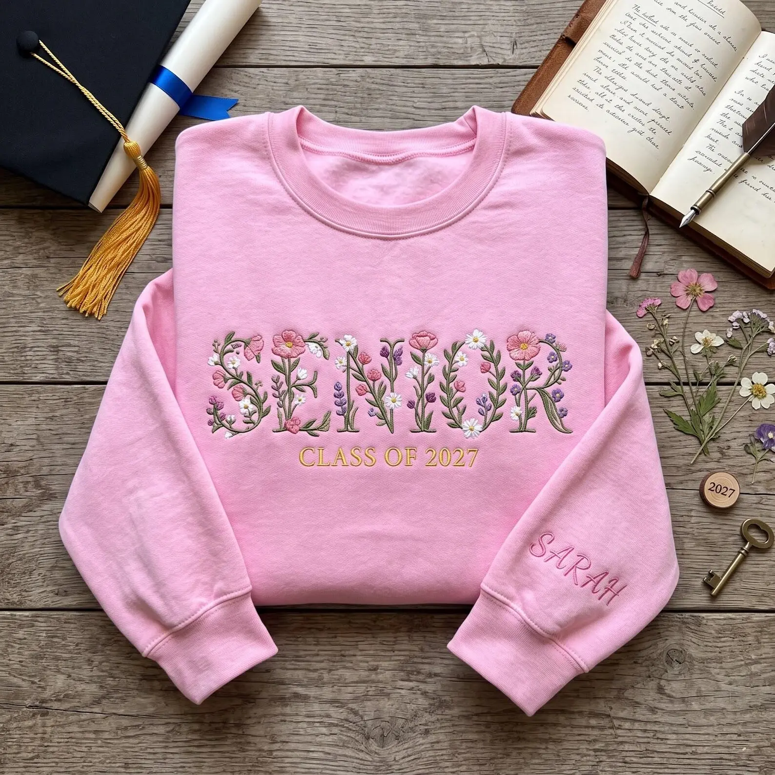 Embroidered Senior Class 2027 Sweatshirt, Custom Graduation Gift, Lily Floral Varsity Letter Hoodie, Senior Year Apparel