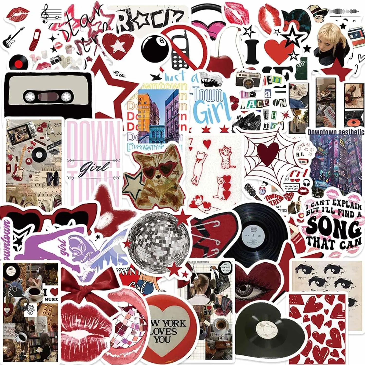 50 count Aesthetic Downtown Girls Stickers Pack Cool Trendy Y2K Stickers for Water Bottle Funny  Stickers for Teens Adults Vinyl Stickers for Laptop Skateboard Party Supplies(Downtown)