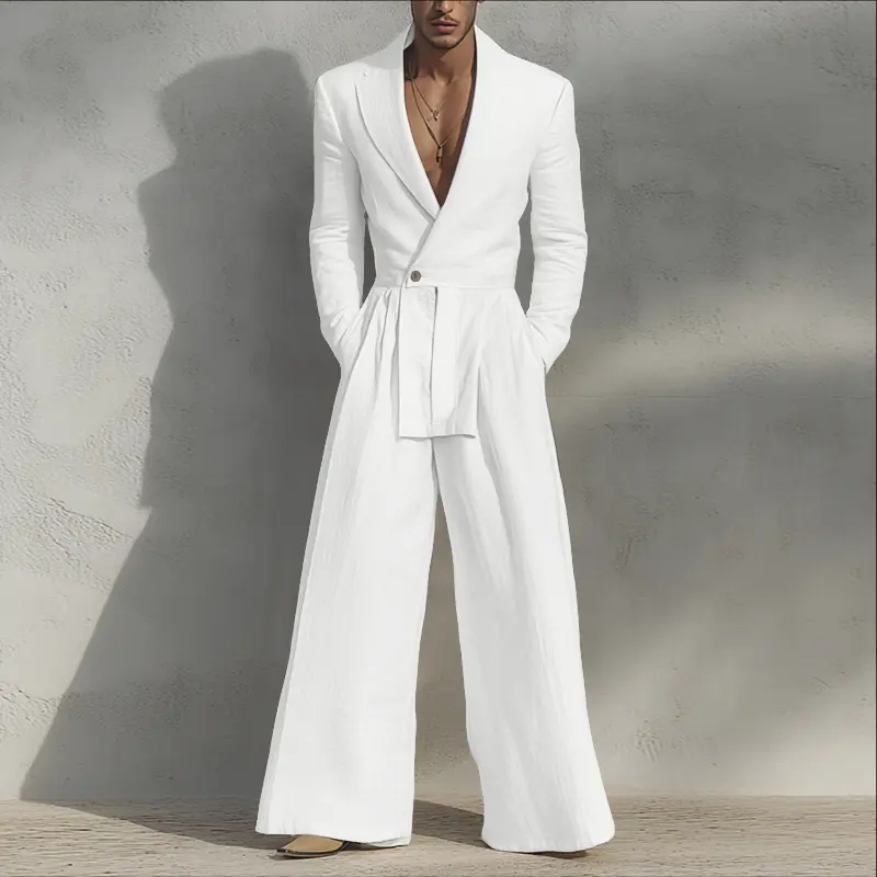 INCERUN Men's Jumpsuit, Fashion Deep V-Neck with Tie-Waist, Slim Fit Plain Wide Leg Pants in Lightweight Rayon for Parties & Nightclub, Overalls