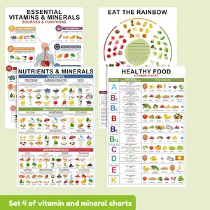 4 Pcs Vitamin And Mineral Chart 11"X17" - Healthy Food Chart, Rich Nutrition Poster, Food Protein, Essential Vitamin Laminated for Classroom, Nutrient Density, Vertical Poster Eat The Rainbow Unframed