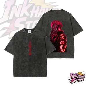 Ryomen Sukuna Jujutsu Kaisen Neon Red--Short Sleeve Cotton Unisex Retro wash Tee