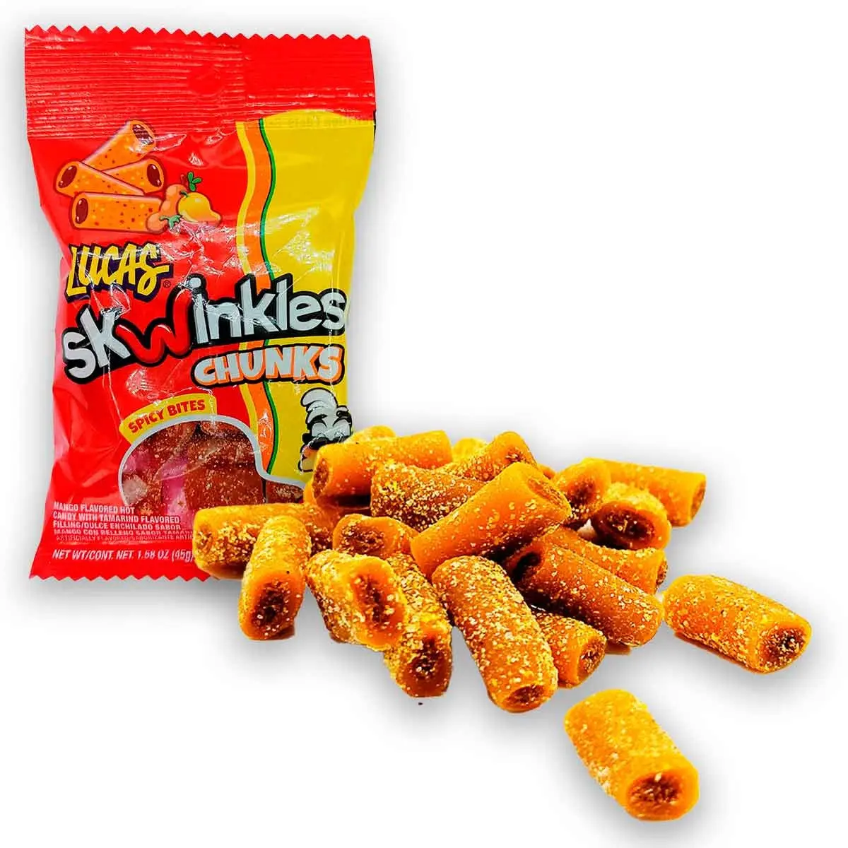 Lucas Skwinkles Mango Spicy Sweet Chewable Ambient Snack Chunks, 6-Pack 1.58 oz (45g) Individually Packaged Gummies Fruity Sweets, Bold Flavor Treat for Snack Lovers