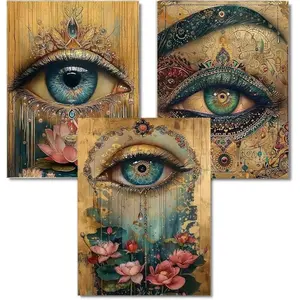 3-pack Bohemian-style diamond painting set, featuring mysterious eyes and lotus patterns, 5D full-diamond DIY home decoration