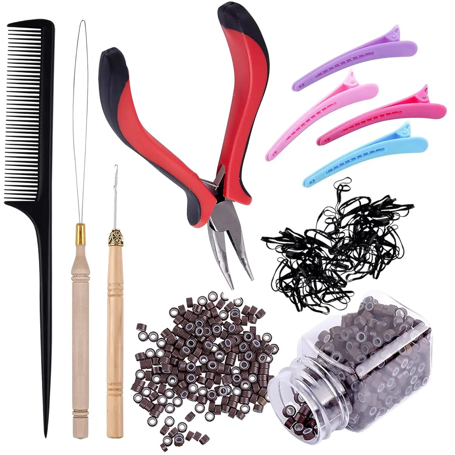 500Pcs Brown Silicone Lined Micro Ring Beads Hair Extension Kit, Professional Hair Extension Tools Set with Micro Beads Plier, Pulling Loop, Alligator Clips, Comb and Mini Rubber Bands for Salon & DIY Hair Extensions