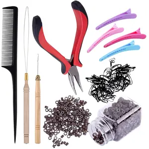 500Pcs Brown Silicone Lined Micro Ring Beads Hair Extension Kit, Professional Hair Extension Tools Set with Micro Beads Plier, Pulling Loop, Alligator Clips, Comb and Mini Rubber Bands for Salon & DIY Hair Extensions