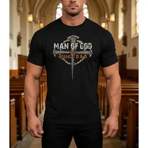 TRENZ SHIRT COMPANY Men's Father's Day Man Of God Crown Cross Husband And Dad Christian Short Sleeve T-Shirt Cotton Menswear Top Breathable Soft Crewneck Casual Streetwear