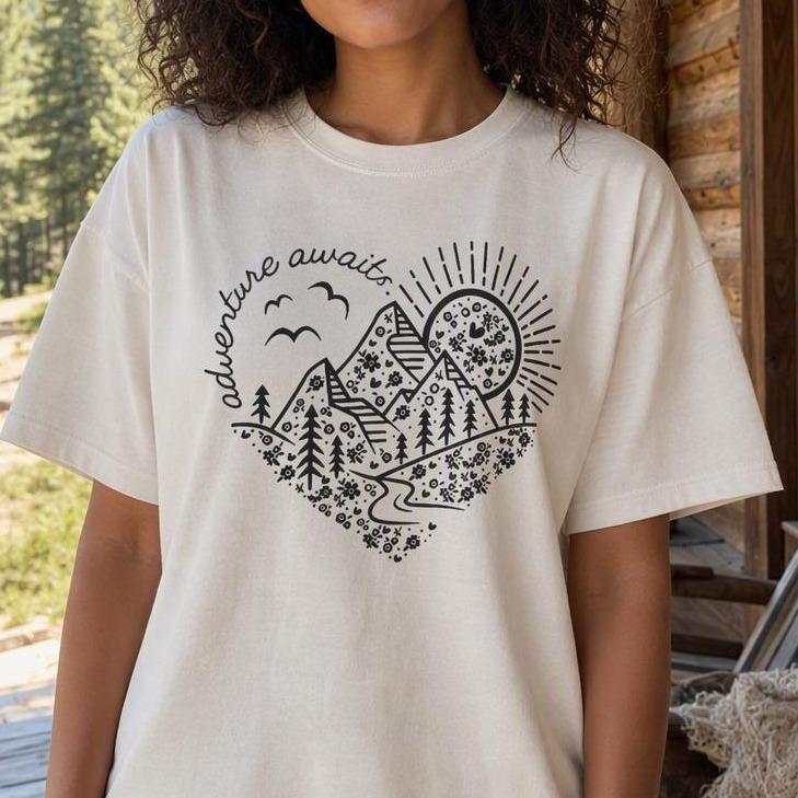 Adventure Awaits Mountain Heart Graphic Women's 100% Cotton Tee Minimalist Boho Nature Lover T-Shirt