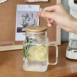 Square Glass Cup, Transparent, Large Capacity Straw Cup, High Square Lid, Glass Tea Cup, Summer Drinking Cup, Adult & Girl Suitable, Wedding Gift Design