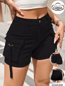 Women's Khaki Comfort Cotton Cargo Shorts | High Waist Casual Summer Shorts with Multi Pockets | Trendy Utility Streetwear for Daily, Beach & Outdoor | Soft Breathable Fabric, Stylish Side Tie Detail | Perfect Y2K & Casual Outfit Essential