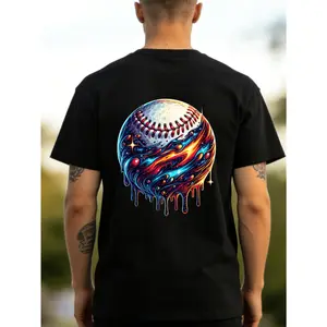 Men'S Baseball Planet Drip Graphic T-Shirt Featuring a Heavyweight Psychedelic Baseball And Cosmic Drip Design This Black Casual Round Neck Tee Is Perfect for Both for Sports And Everyday Wear_2.Png