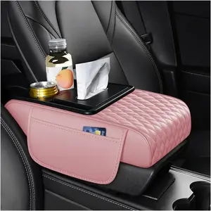 HZEL 5-in-1 Car Center Console Cover, Multifunctional Vehicle Armrest Box Mat with 2 Storage Bags Tissue Box Cup Holder Phone Slot, Automotive Interior Arm Rest Cover, Universal Fit (Pink)