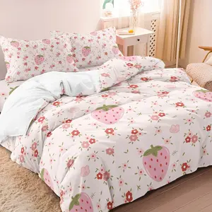 3pcs Cartoon Pink White Strawberry Duvet Cover Set, Cartoon Printed Bedding, Floral Fruit Design For Girls, Bedroom Decor Birthday Gifts, Suitable For All Seasons, Including 1 Duvet Cover & 2 Pillowcases, No Core