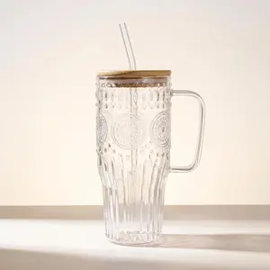 32oz Glass Cup With Handle - Glasses Drinking Set with Leakproof Bamboo Lids &Glass Straws, Wide Mouth Kitchen Glasses Tumblers for Iced Coffee