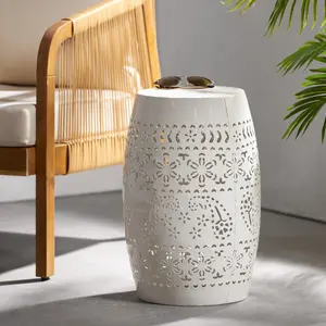 Side Table Lace Cut Metal End Table for Outdoor & Indoor Use, Barrel Shape Accent Table with No Assembly Needed for Garden, Patio, Living Room, Backyard Decor
