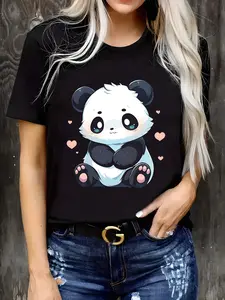 Plus Size Graphic T-Shirt with Panda Print - Polyester Blend Knit Fabric, Elastane Stretch, Crew Neck, Short Sleeve, Casual Pullover for Women