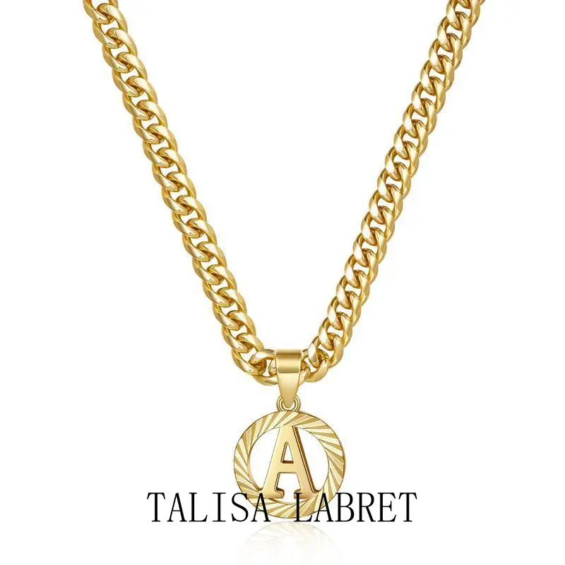 Gold Initial Necklace,14K Gold Plated Round Letter Pendant Hollow Capital Monogram 5mm Cuban Chain Necklace Alhpabets from A-Z Dainty Jewelry for Women MenTALISA
