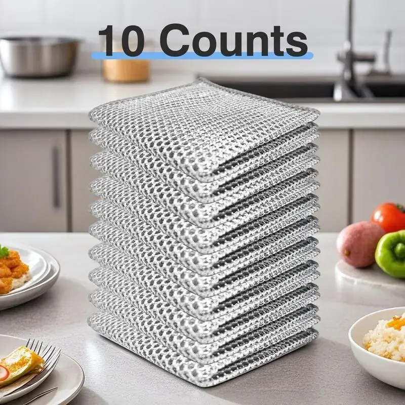 5/10pcs Dual-Layer Steel Wire Cleaning Cloth, 20cm/7.87inch Multi-Purpose Metal Scrubber Pad, Scrubbing Pads for Dry Wet Cleaning, Kitchen Cleaning Tool, House Cleaning Tools