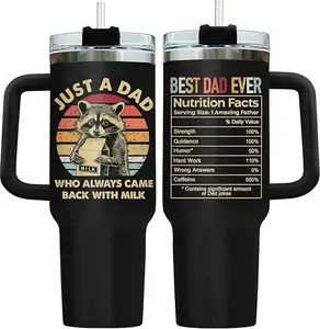 40oz Raccoon Daddy Insulated Water Bottle with Handle, Straw, Lid - Just A Dad Nutrition Facts Drinkware, Father's Day-Birthday Gift for Dads, Men, Water Bottles