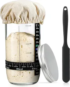 24 oz Glass Sourdough Starter Jar Kit - Kitchen Bakeware with Date-Marked Feeding Band, Thermometer, Silicone Scraper, Sewing Cloth Cover, and Aluminum Lid (Baking Supplies)