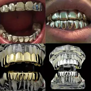 Hip Hop Glitter Teeth Grills 2pcs Set, Fashionable 8-Tooth Golden Plated Fang Vampires Upper and Lower Teeth Caps, Halloween and Thanksgiving Jewelry, Non-Electric, Non-Rechargeable, Featherless