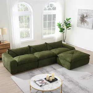 116 Inch Compressed Sectional Sofa, High Density Foam Integrated Backrest & Seat Cushion, Legless No-Frame Design, No Assembly Required, Free Combination Particle Chenille Modular Couch for Living Room, Apartment