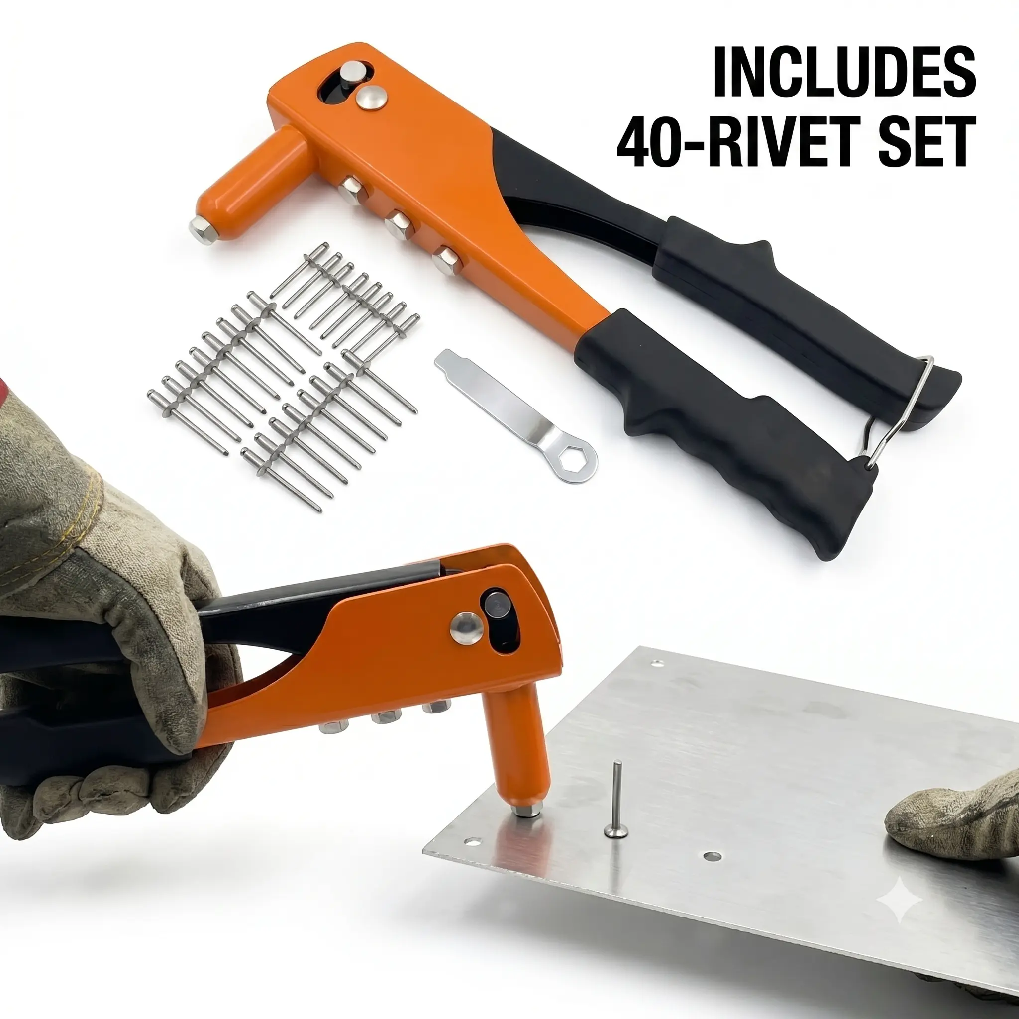 9.5 in Heavy Duty Hand Riveter Tool Kit with 40 Pcs Rivets - Professional Pop Rivet Gun, Ergonomic Non-Slip Handle, Blister Case for Metal, Plastic, Furniture DIY Projects, Secure and Permanent Bond