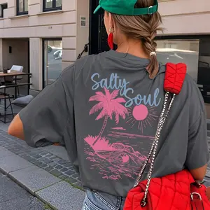 SALTY SOUL Women's SpringSummer New Coconut Tree & Sunshine Print Casual Round Neck Short Sleeve T-Shirt, Fashion Versatile, Essential Daily & Vacation Wear. Vacation Printed T-Shirt For Women