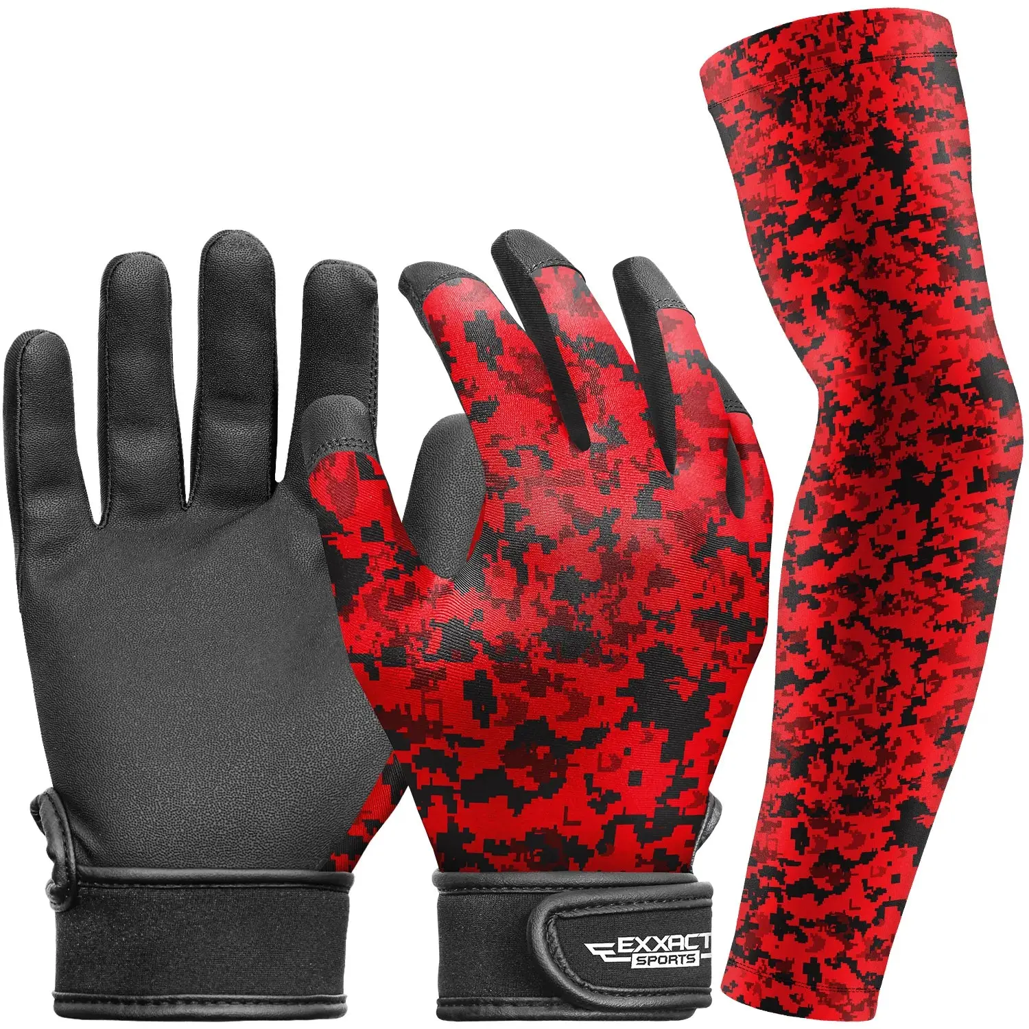 Exxact Sports Youth Red Camo Batting Gloves, Engineered Leather Palm for Superior Grip and Snug Fit for Baseball & Softball, Includes Compression Arm Sleeve, Batting Practice Equipment