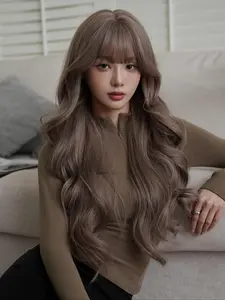 28 Inch Long Wavy Wigs for Women, Natural Looking Fluffy Synthetic Heat Resistant Fiber Wigs with Bangs, Synthetic Full Machine Hair Wigs for Party, Daily Use
