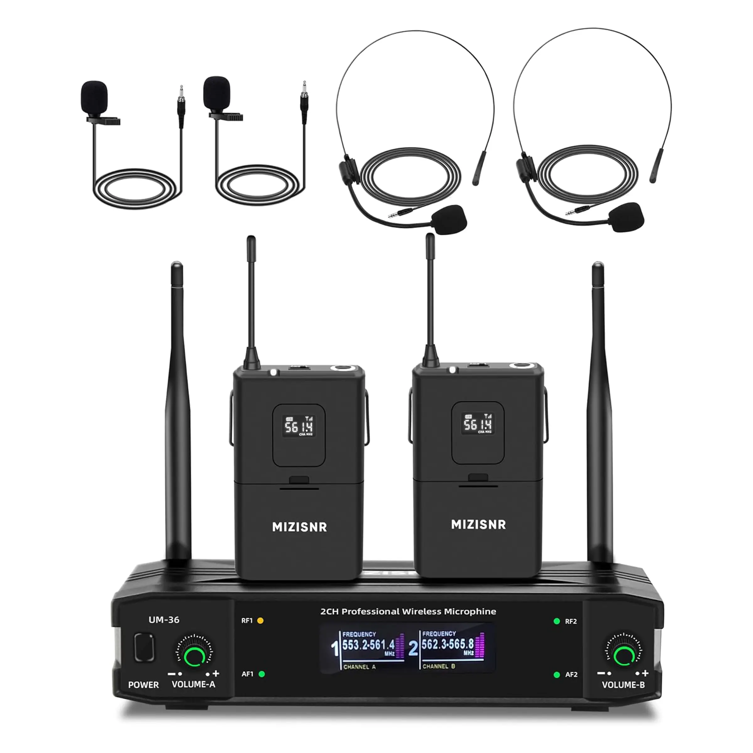 UHF Wireless Microphone System Pro Dual Channel 2-Pack Headset & Lapel Mics with Receivers 300ft Range Noise Reduction Stable Connection for Church Wedding DJ Events Speech