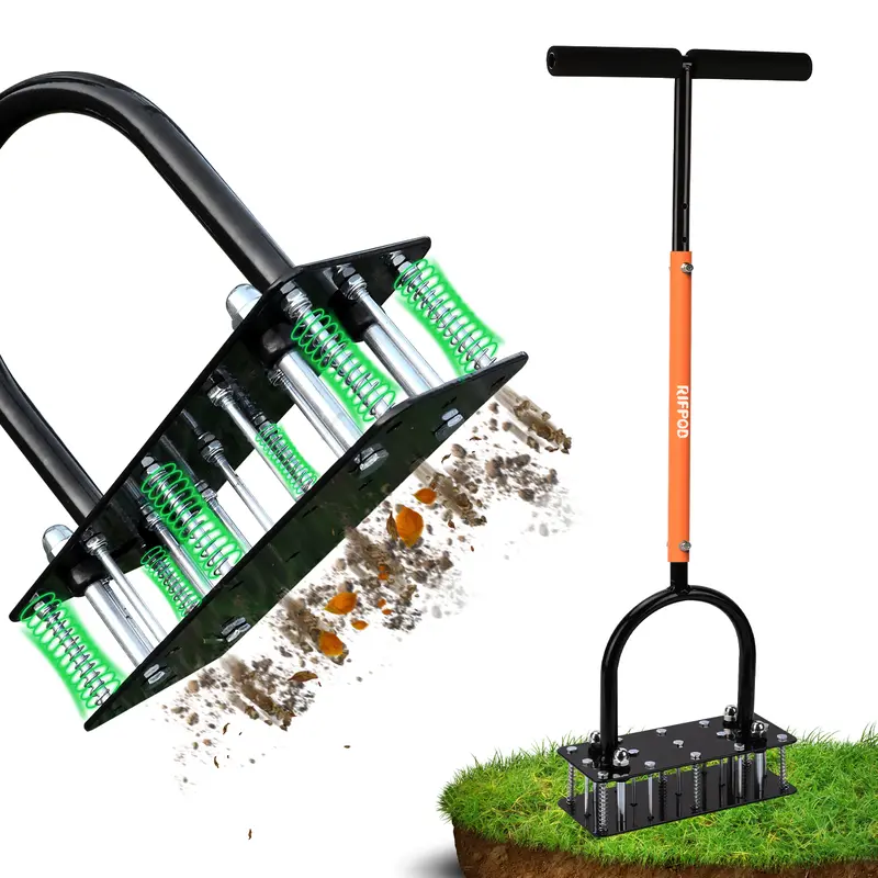 RIFPOD Lawn Aerator -Aerator Lawn Tool, Automatic Dirtand Leaf Clean Design, Heavy Duty Manual Lawn AeratorTool with 15 lron Spikes, Height Adjustable, Yard GrassAerator for Lawn(Orange)