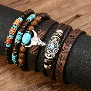 Retro Fashion Domineering Bull Head Chicken Wing Wood 6pcs Bangle bangle bracelet Set, Men'S Bangle bangle bracelet Set, Gift for Friends
