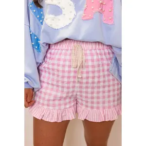 Pink Gingham Print Ruffle Striped Detail Lace Tie Shorts