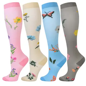 ISUNIE 4 Pairs Floral Pattern Compression Socks for Women & Men, Breathable, Leg Support, All-Day Comfort, Walking, Travel, Standing, Work, Daily Wear, Casual Wear
