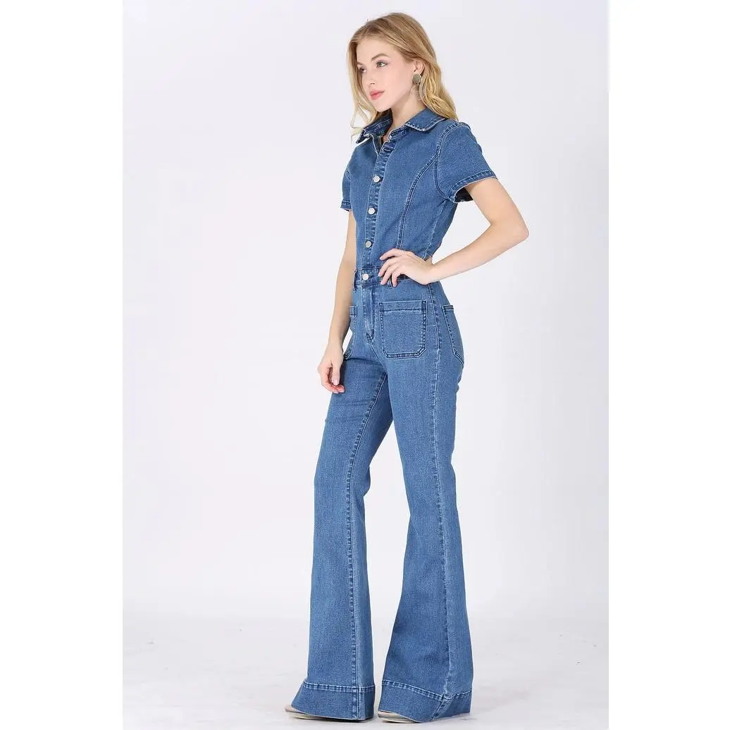 Bellbottom Denim Jumpsuit - 4330 Mid Den