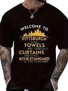 Men'S Funny Pittsburgh Saying T-Shirt - "Welcome to Pittsburgh Where Towels Are Terrible" Retro Graphic Tee with City Skyline & Penguin Design, Golden Lettering, Loose Fit Casual Shirt for Year-Round Comfort, with Yellow Print, Sports Fan Apparel